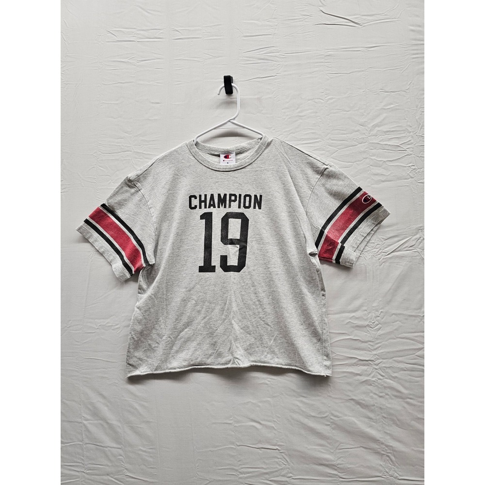 Champion Womens Cropped Crewneck T-Shirt Gray Cotton Casual Size Small